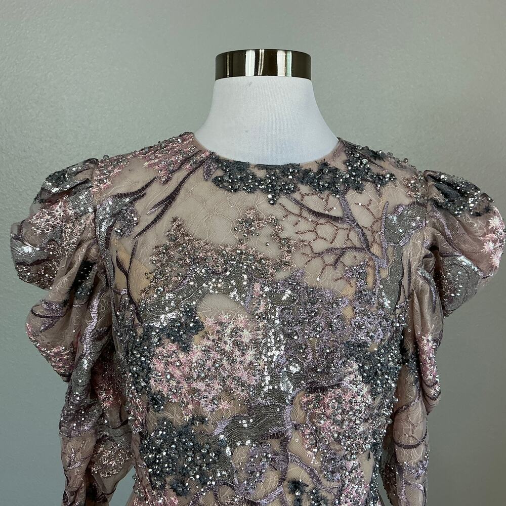 Mac Duggal 20326 Taupe Evening Gown Beaded Lace Long Sleeve Formal Dress Size 8 - Picture 8 of 13